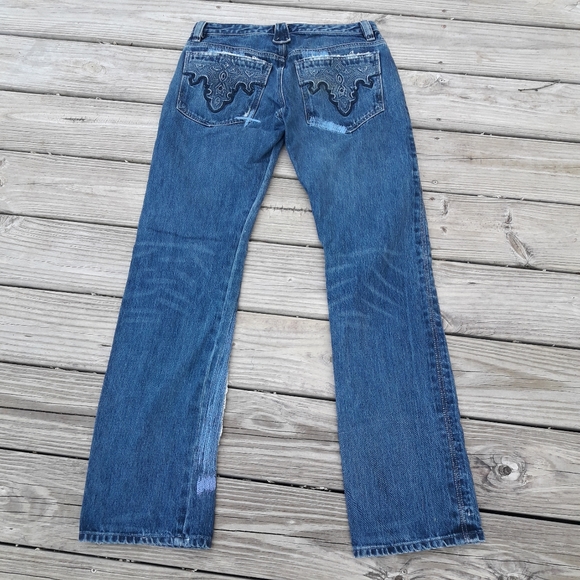 Vintage 90s Jeans Womens Straight Leg Patch Frayed Edge Distressed - Picture 3 of 15